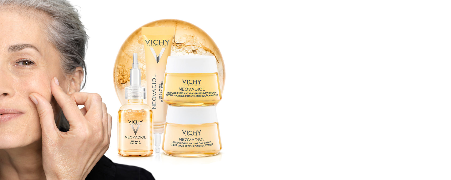 Mujer pellizcando su cara junto a 4 productos de vichy